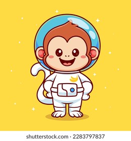 Cute Astronaut Monkey Standing In Space Cartoon Vector Icon Illustration. Animal Science Icon Concept Isolated Premium Vector. Flat Cartoon Style