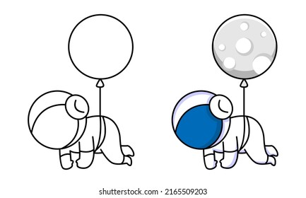 cute astronaut with moon balloon coloring page for kids