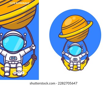 Cute astronaut with moon cartoon icon illustration