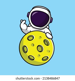 Cute Astronaut With Moon Cartoon Vector Icon Illustration. Science Technology Icon Concept Isolated Premium Vector. Flat Cartoon Style