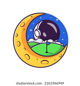 Astronauta Cute con la Ilustración del Vector de Caricaturas de Luna y Golf Course. Concepto de icono de la naturaleza de la ciencia Vector Premium aislado. Estilo de dibujo plano