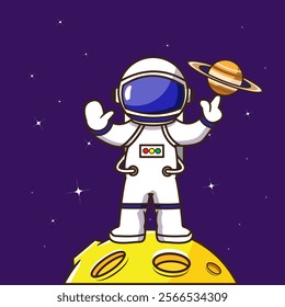 Cute Astronaut in the moon playing Saturn in finger vector illustration cartoon design