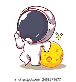 Cute astronaut with the moon showing thumb up cartoon character. Space and science concept design. Hand drawn flat adorable chibi vector illustration. Icon logo mascot isolated background.