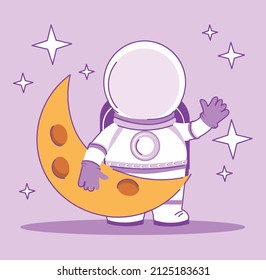 Cute astronaut with moon. Stylish poster or banner for kids. Man or woman waves their hand in friendly manner. Space exploration, modern technologies and innovations. Cartoon flat vector illustration