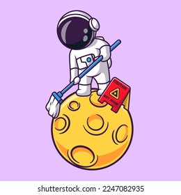 Cute Astronaut Mop Moon In Space Cartoon Vector Icon Illustration. Science Healthy Icon Concept Isolated Premium Vector. Flat Cartoon Style