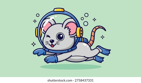 A cute astronaut mouse is depicted floating in space, a charming cartoon vector illustration perfect for animal and science-themed designs.