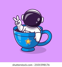 Cute Astronaut In Mug With Peace Hand Cartoon Vector Icon Illustration. Science Drink Icon Concept Isolated Premium Vector. Flat Cartoon Style
