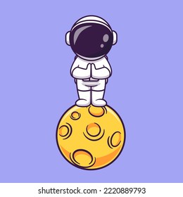 Cute Astronaut Namaste auf Mond Cartoon Vektorsymbol Illustration. Science Technology Icon Konzept isolierter Premium-Vektorgrafik. Flachbildkartonstil