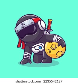 Cute Astronaut Ninja Holding Moon With Sword Cartoon Vector Icon Illustration. Science Holiday Icon Concept Isolated Premium Vector. Flat Cartoon Style