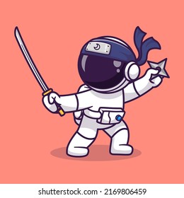 Cute Astronaut Ninja Holding Sword And Shuriken Cartoon Vector Icon Illustration. Science Technology Icon Concept Isolated Premium Vector. Flat Cartoon Style