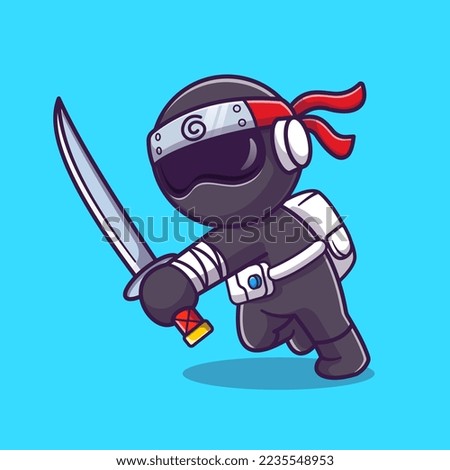 Cute Astronaut Ninja Holding Sword Cartoon Vector Icon Illustration. Science Holiday Icon Concept Isolated Premium Vector. Flat Cartoon Style