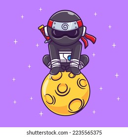 Cute Astronaut Ninja Landing On Moon Cartoon Vector Icon Illustration. Science Holiday Icon Concept Isolated Premium Vector. Flat Cartoon Style