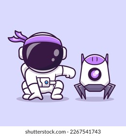 Cute Astronaut Ninja With Robot Cartoon Vector Icon Illustration. Science Technology Icon Concept Isolated Premium Vector. Flat Cartoon Style