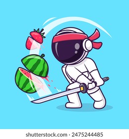 Cute Astronaut Ninja Slash Fruit With Katana Sword Cartoon Vector Icon Illustration. Science Holiday Icon Concept Isolated Premium Vector. Flat Cartoon Style