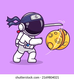 Cute Astronaut Ninja Slash Moon With Sword Cartoon Vector Icon Illustration. Science Technology Icon Concept Isolated Premium Vector. Flat Cartoon Style