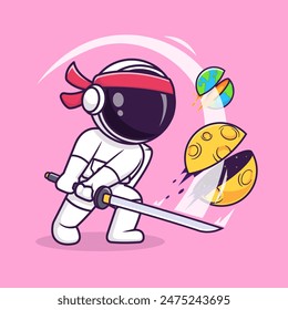 Cute Astronaut Ninja Slash Planet With Katana Sword Cartoon Vector Icon Illustration. Science Technology Icon Concept Isolated Premium Vector. Flat Cartoon Style