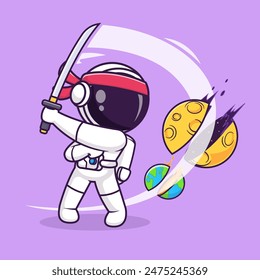 Cute Astronaut Ninja Slash Planet With Katana Sword Cartoon Vector Icon Illustration. Science Holiday Icon Concept Isolated Premium Vector. Flat Cartoon Style