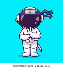 Cute Astronaut Ninja Standing Cartoon Vector Icon Illustration. Science Technology Icon Concept Isolated Premium Vector. Flat Cartoon Style
