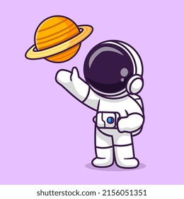 Cute Astronaut Observing Planet Cartoon Vector Icon Illustration. Science Technology Icon Concept Isolated Premium Vector. Flat Cartoon Style