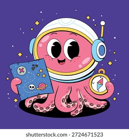 Netter Astronaut Oktopus mit Weltraum-Schatzkarte