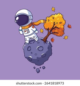  cute Astronaut on an Asteroid with an Autumn Tree
