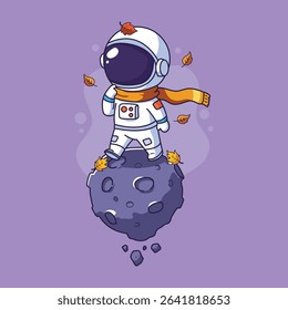 Cute Astronaut on the asteroid. Vector illustration of a cartoon character. in autumn
