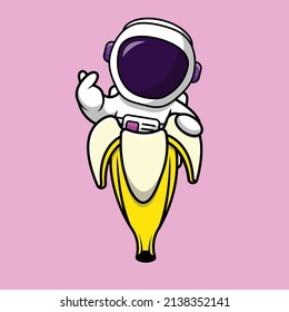 Cute Astronaut On Banana Cartoon Vector Icon Illustration. People Food Icon Concept Isolated Premium Vector. Flat Cartoon Style