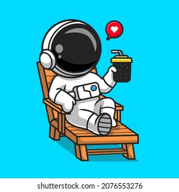 Cute Astronaut On Beach Bench With Space Juice Cartoon Vector Icon Illustration. Science Holiday Icon Concept Isolated Premium Vector. Flat Cartoon Style