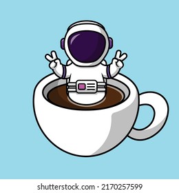 Cute Astronaut On Coffee Cup Cartoon Vector Icon Illustration. People Icon Concept Isolated Premium Vector.