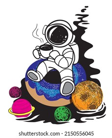 A cute astronaut on a donut drinks space from a cup.