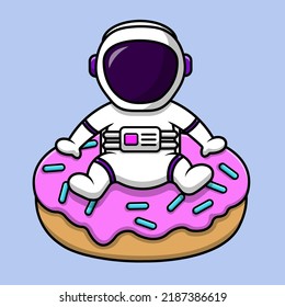 Cute Astronaut On Doughnut Cartoon Vector Icon Illustration. Science Food Flat Cartoon Concept