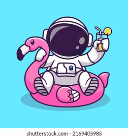 Cute Astronaut On Flamingo Swimming Tires And Orange Juice Cartoon Vector Icon Illustration. Science Holiday Icon Concept Isolated Premium Vector. Flat Cartoon Style