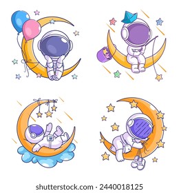 Cute astronaut on the moon cartoon style set