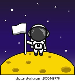 cute astronaut on the moon with flag cartoon vector