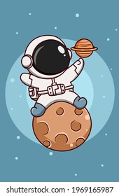 Cute astronaut on the moon with planet saturn cartoon illustration