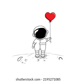 Cute astronaut on the Moon with red heart balloon in flat cartoon style isolated on white background. Vector illustration for kids birthday party, invitation card design, banner, cover, fabric, poster