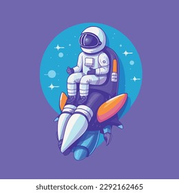 Cute astronaut on the moon rocket cartoon vector illustration Science technology future icon
