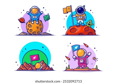Lindo Astronauta En La Luna Vector Diseño Ilustraciones Pack 