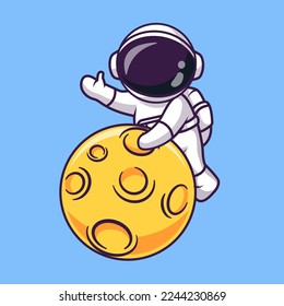 Cute Astronaut auf dem Mond und Waving Hand Cartoon Vektorsymbol Illustration Science Technology Icon Konzept isoliert Premium Vektorgrafik. Flachbildkartonstil