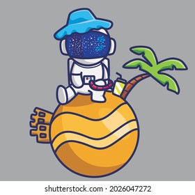 cute astronaut on planet with sand castle. cartoon animal travel holiday vacation summer concept Isolated illustration. Flat Style suitable for Sticker Icon Design Premium Logo vector. Mascot