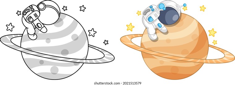 Cute Astronaut on Saturn with around stars, Doodle Cute Astronaut on Saturn with around stars