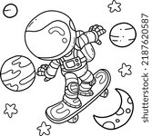 Cute astronaut on skateboard hand drawn coloring book cartoon isolated on white