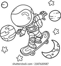 Cute astronaut on skateboard hand drawn coloring book cartoon isolated on white