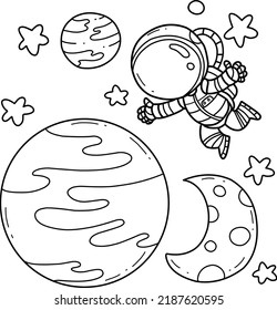 Cute astronaut on space hand drawn coloring book cartoon isolated on white