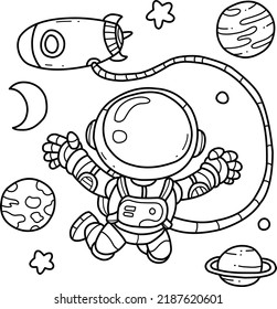 Cute astronaut on space hand drawn coloring book cartoon isolated on white