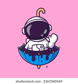 Cute Astronaut on Umbrella Space Cartoon Vector Icon Illustration. Science Technology Icon Concept Isolated Premium Vector. Flat Cartoon Style