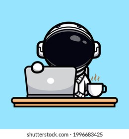 Cute astronaut open the laptop for working mascot design 