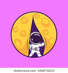 Cute Astronaut Open Moon Window Cartoon Vector Icon Illustration. Science Technology Icon Concept Isolated Premium Vector. Flat Cartoon Style