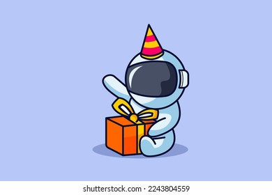 cute astronaut opens gift with party hat