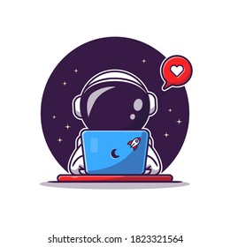 Cute Astronaut Operating Laptop Cartoon Vector Icon Illustration. Science Technology Icon Concept Isolated Premium Vector. Flat Cartoon Style.